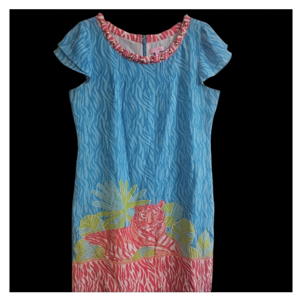 Lilly Pulitzer Playful Blue %100 Silk Dress with Tiger Size 10 Beaded Collar